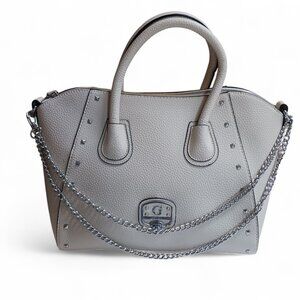 GUESS Garland Ivory Faux Pebbled Leather Tote Bag – Leopard Lining, Silver Chain